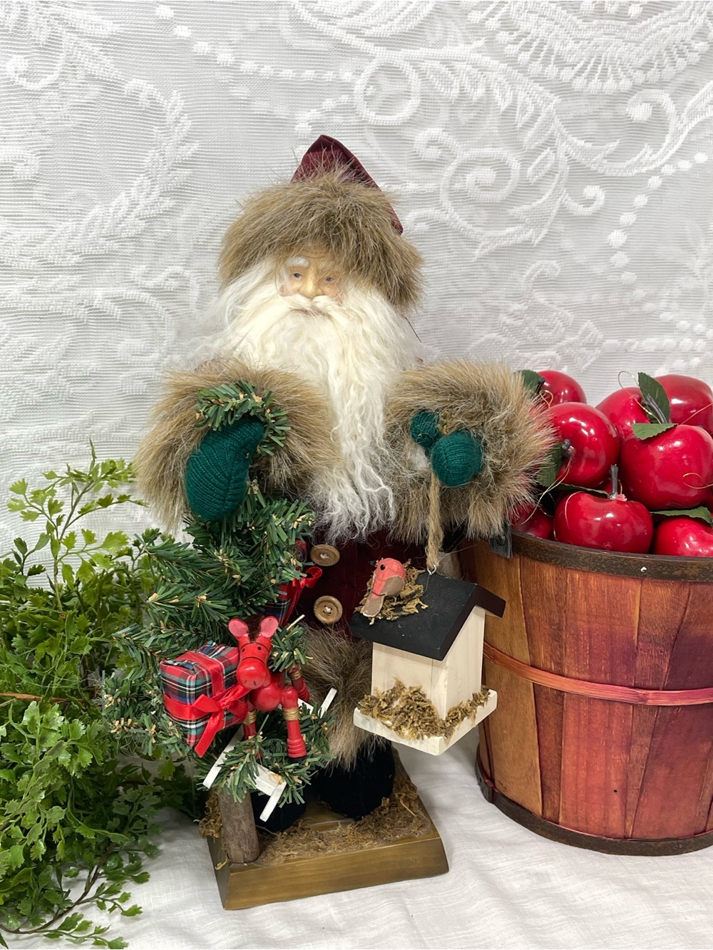 Santa Claus Holiday Decoration with tree gifts and Birdhouse Rustic St Nick